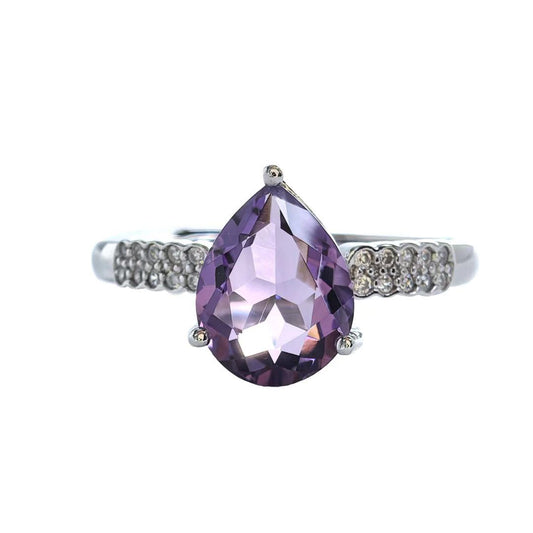 Wholesale Rhodium Plated 925 Sterling Silver Natural Amethyst Purple Gemstone Pear Cut Ring