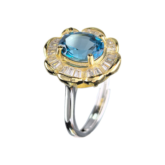 Wholesale Rhodium Plated 925 Sterling Silver Natural Swiss Blue Topaz Blue Gemstone Oval Cut Ring