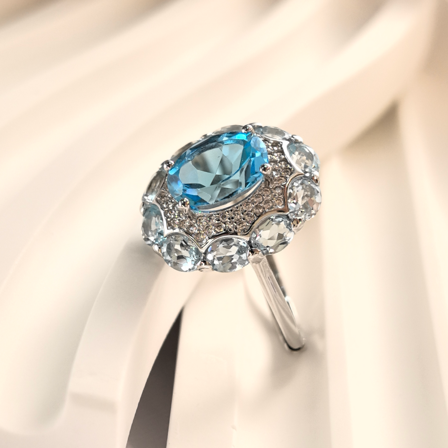 Wholesale Rhodium Plated 925 Sterling Silver Natural Topaz Swiss Blue Gemstone Oval Cut Ring