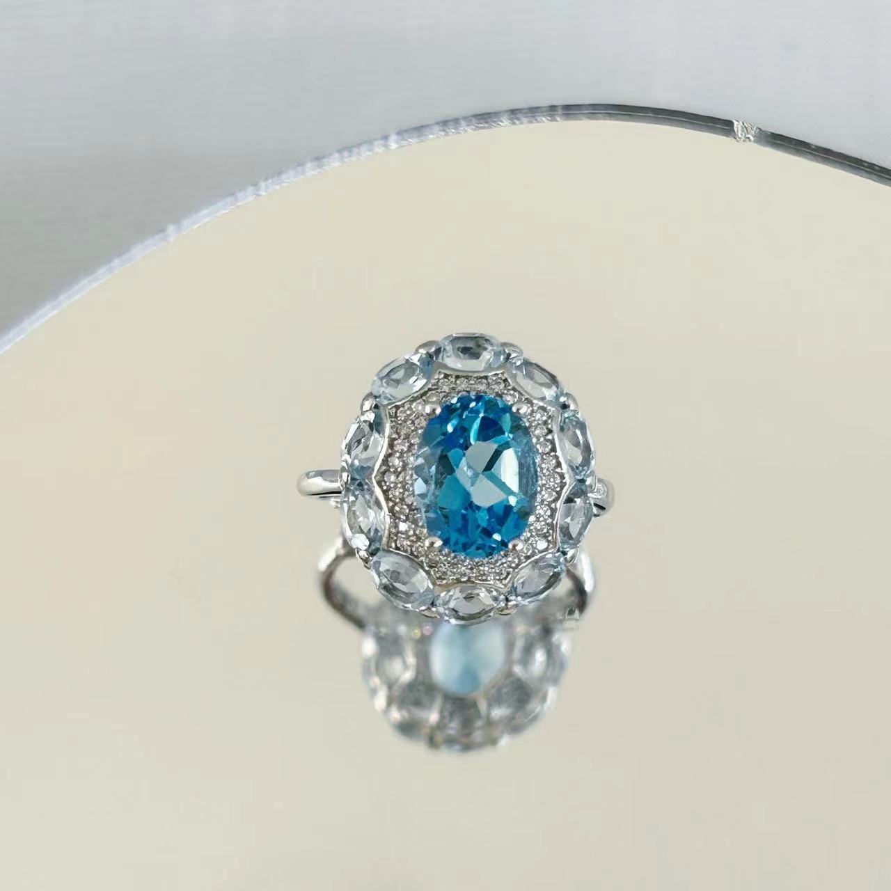 Wholesale Rhodium Plated 925 Sterling Silver Natural Topaz Swiss Blue Gemstone Oval Cut Ring