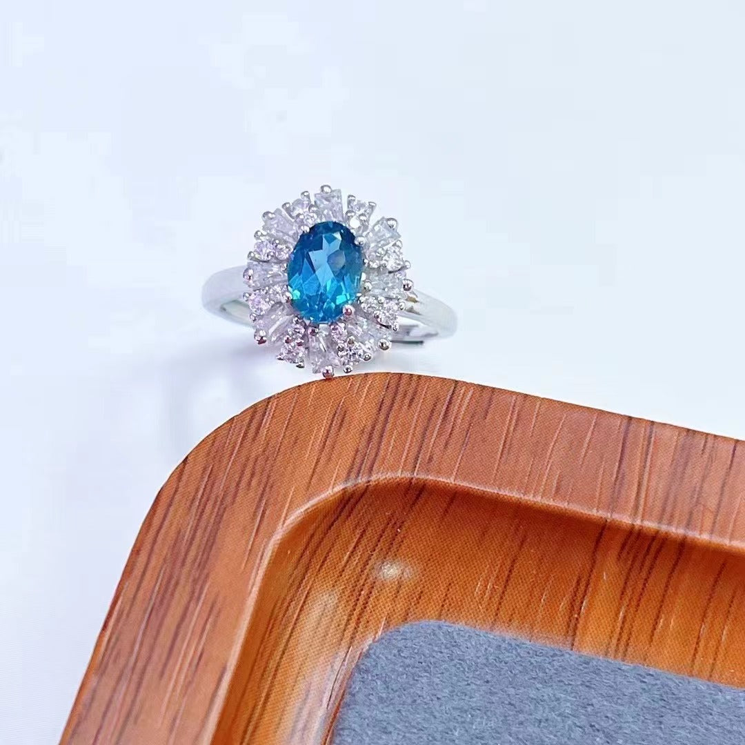 Wholesale Rhodium Plated 925 Sterling Silver Natural Topaz London Blue Gemstone Oval Cut Ring