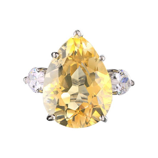 Wholesale Rhodium Plated 925 Sterling Silver Natural Citrine Yellow Gemstone Pear Cut Ring