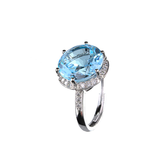 Wholesale Rhodium Plated 925 Sterling Silver Natural Sky Blue Topaz Blue Gemstone Round Ring