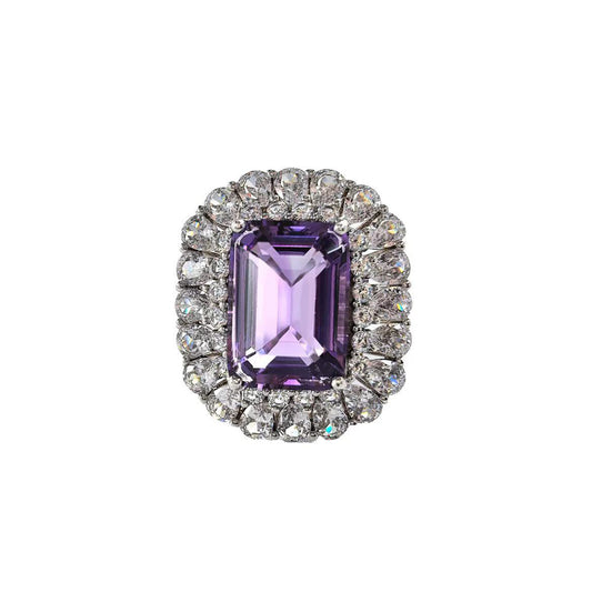 Wholesale Rhodium Plated 925 Sterling Silver Natural Amethyst Purple Gemstone Emerald Cut Ring