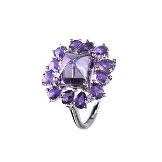 Wholesale Rhodium Plated 925 Sterling Silver Natural Amethyst Purple Gemstone Sugar-loaf Cut Ring