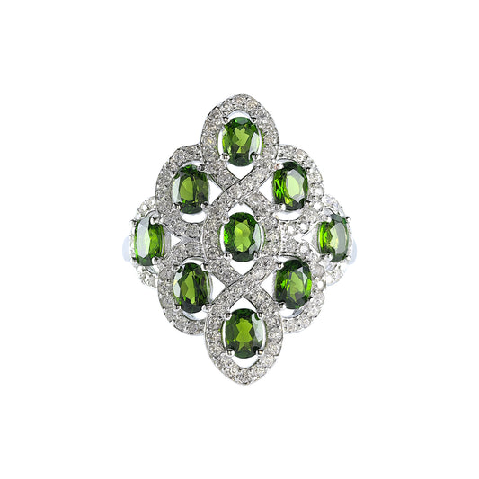 Wholesale Rhodium Plated 925 Sterling Silver Natural Diopside Green Gemstone Ring