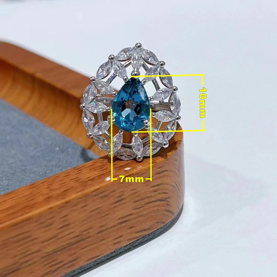 Wholesale Rhodium Plated 925 Sterling Silver Natural Topaz London Blue Gemstone Pear Cut Ring