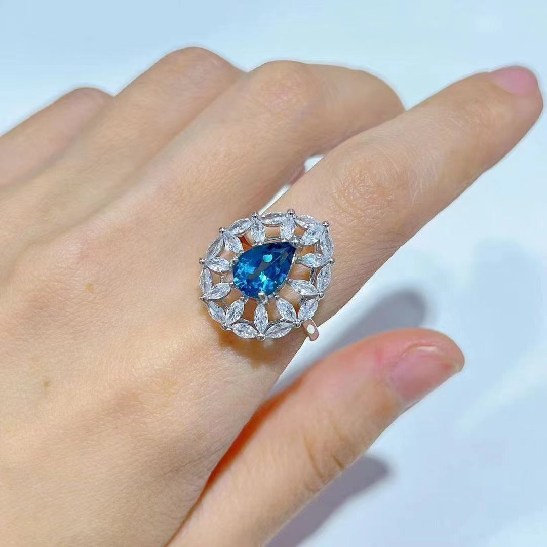 Wholesale Rhodium Plated 925 Sterling Silver Natural Topaz London Blue Gemstone Pear Cut Ring