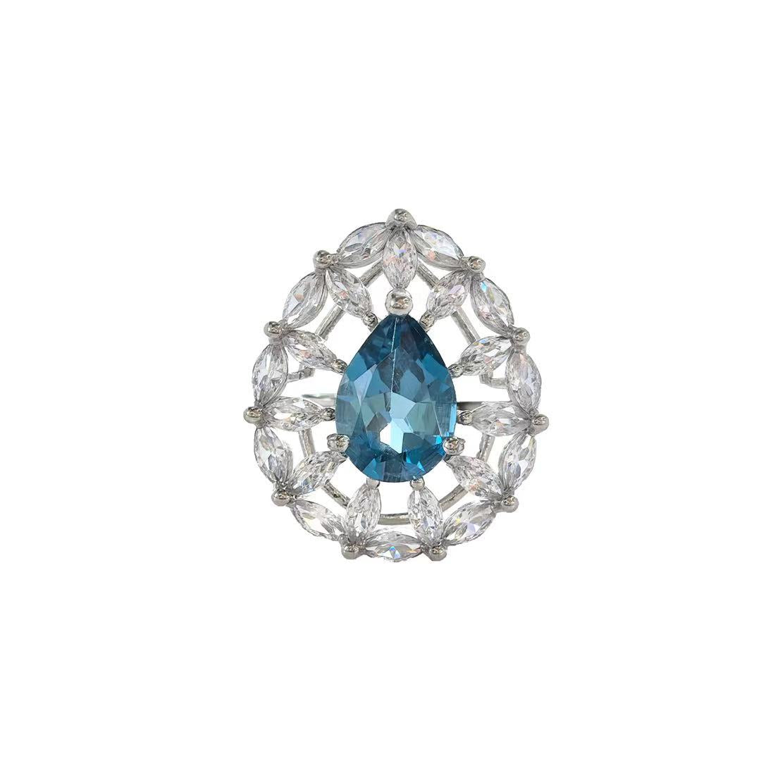 Wholesale Rhodium Plated 925 Sterling Silver Natural Topaz London Blue Gemstone Pear Cut Ring