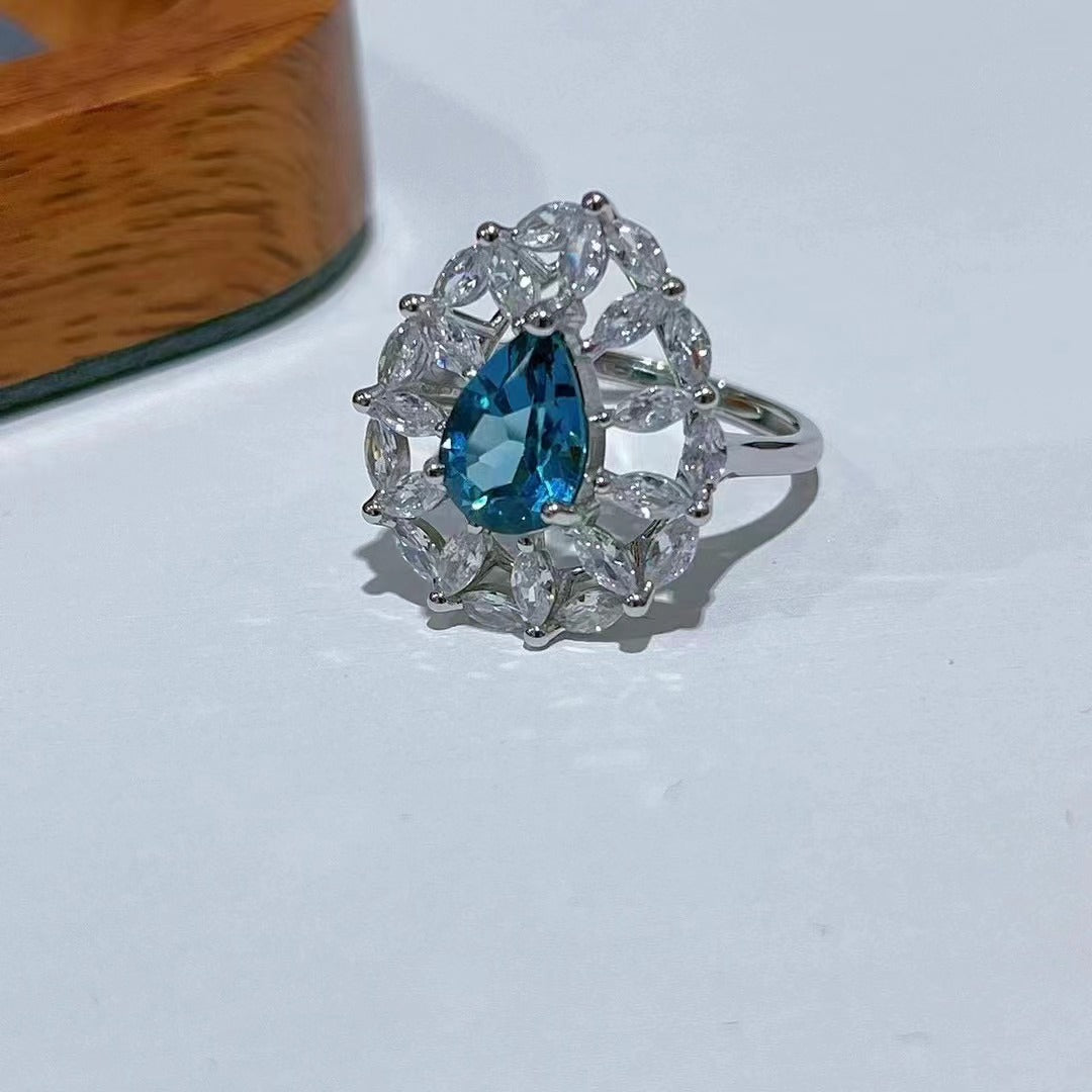 Wholesale Rhodium Plated 925 Sterling Silver Natural Topaz London Blue Gemstone Pear Cut Ring