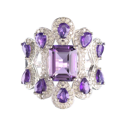 Wholesale Rhodium Plated 925 Sterling Silver Natural Amethyst Purple Gemstone Emerald Cut Ring