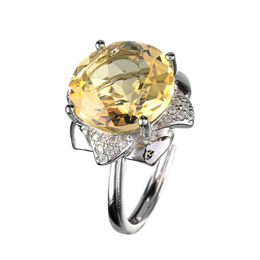 Wholesale Rhodium Plated 925 Sterling Silver Natural Citrine Yellow Gemstone Round Ring