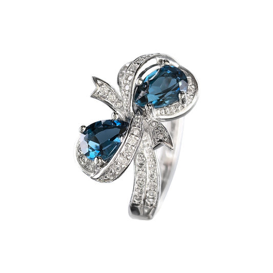 Wholesale Rhodium Plated 925 Sterling Silver Natural London Blue Topaz Blue Gemstone Bow Ring