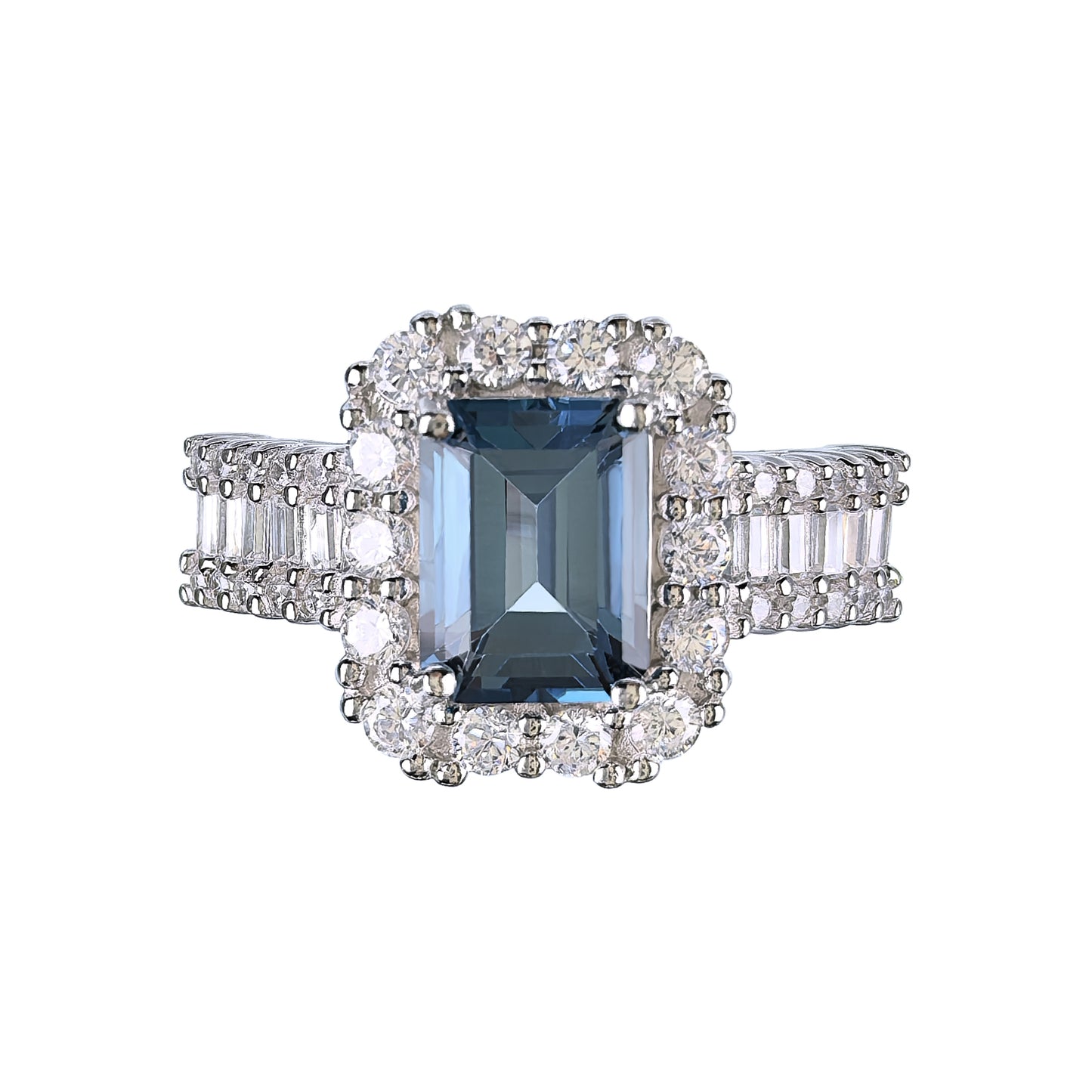 Wholesale Rhodium Plated 925 Sterling Silver Natural London Blue Topaz Blue Gemstone Emerald Cut Ring