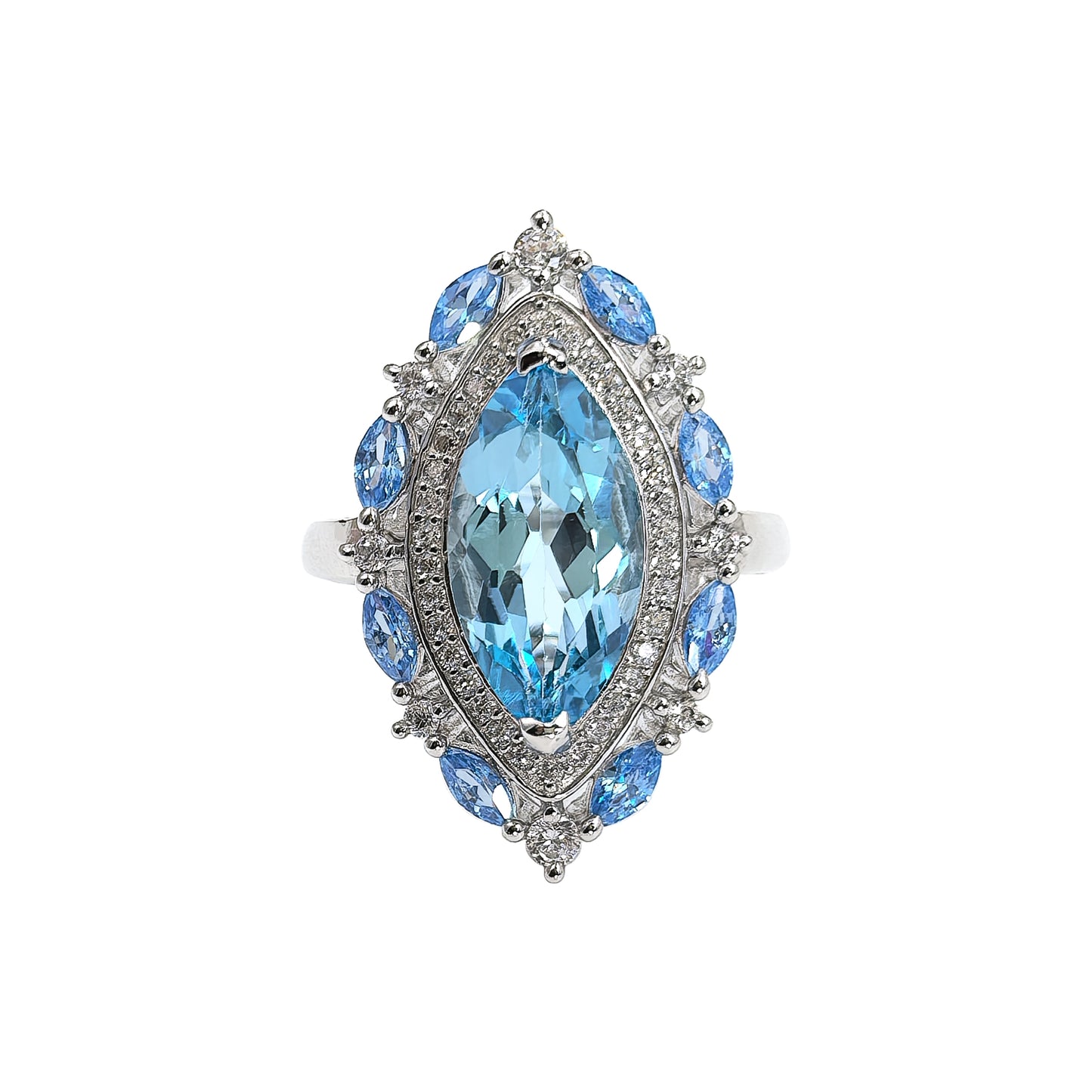 Wholesale Rhodium Plated 925 Sterling Silver Natural Topaz Swiss Blue Gemstone Marquise Cut Ring