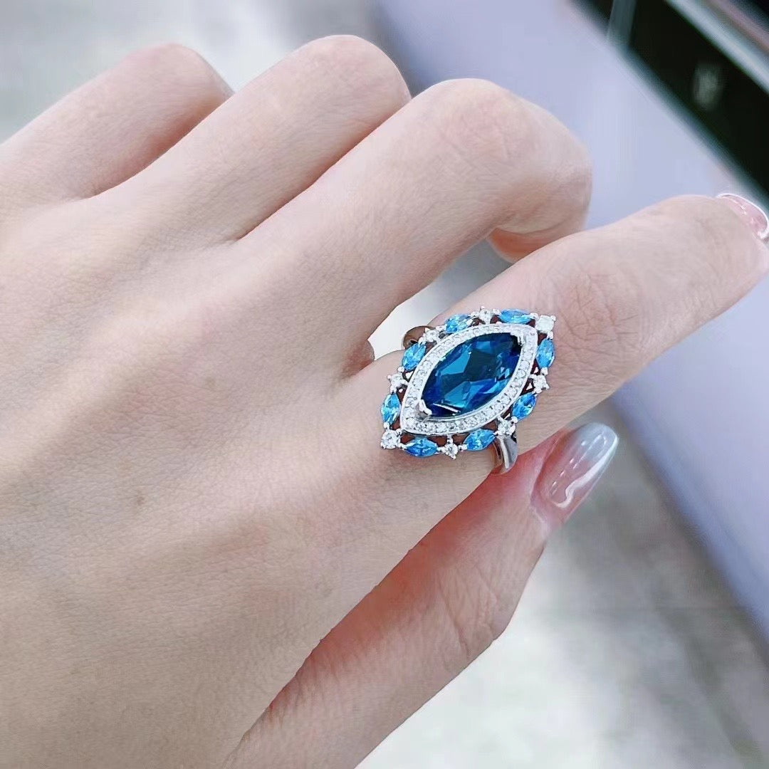 Wholesale Rhodium Plated 925 Sterling Silver Natural Topaz Swiss Blue Gemstone Marquise Cut Ring