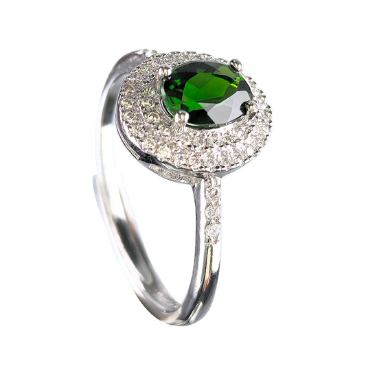 Wholesale Rhodium Plated 925 Sterling Silver Natural Diopside Green Gemstone Oval Cut Ring