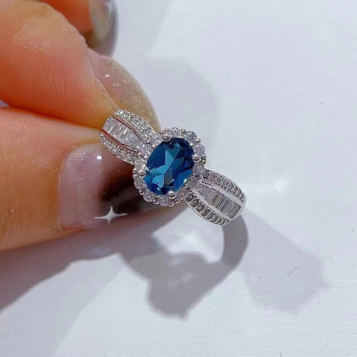 Wholesale Rhodium Plated 925 Sterling Silver Natural Topaz London Blue Gemstone Oval Cut Ring