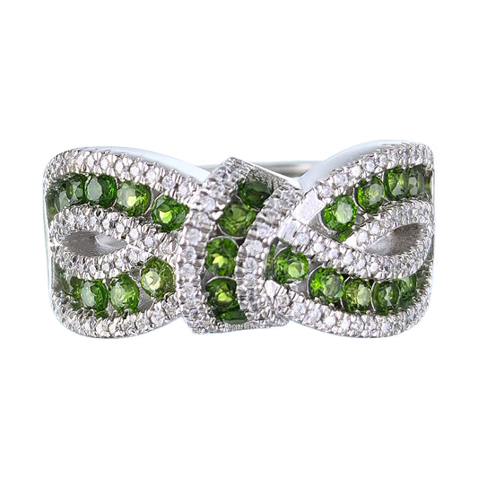 Wholesale Rhodium Plated 925 Sterling Silver Natural Diopside Green Gemstone Bow Ring