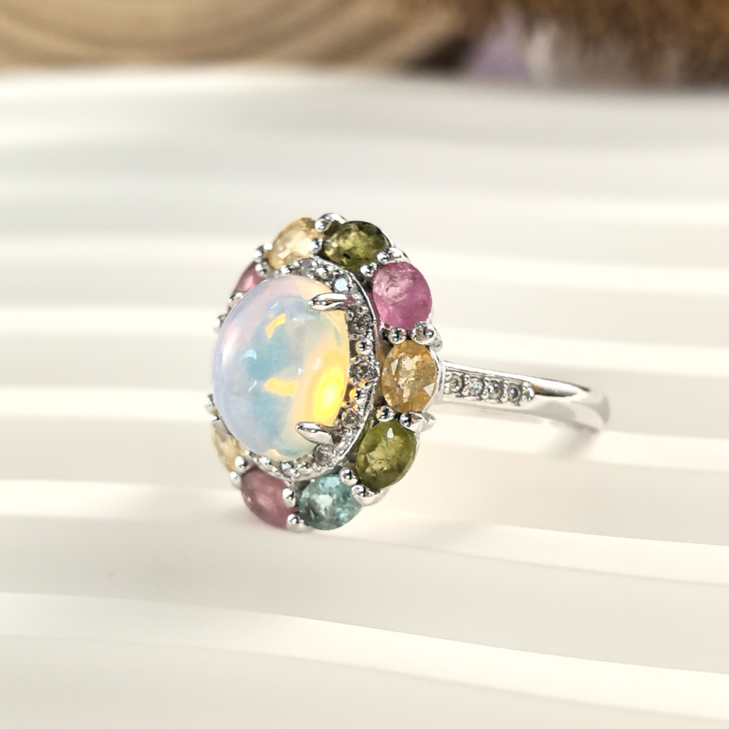 Wholesale Rhodium Plated 925 Sterling Silver Natural Opal White Gemstone  Ring