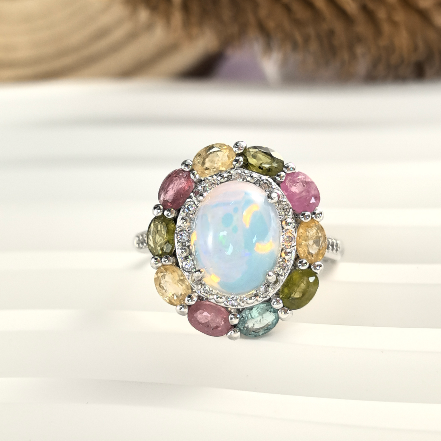 Wholesale Rhodium Plated 925 Sterling Silver Natural Opal White Gemstone  Ring