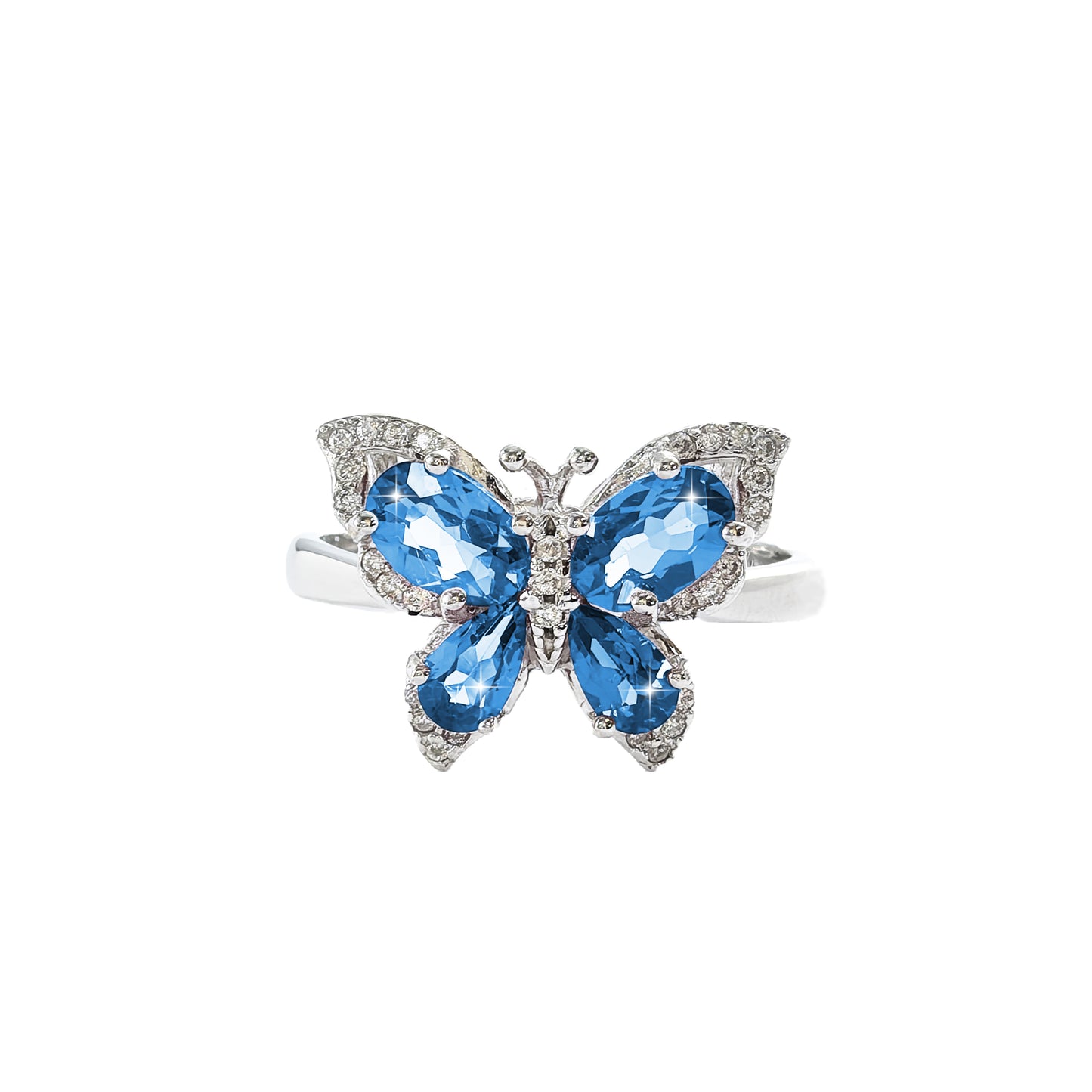 Wholesale Rhodium Plated 925 Sterling Silver Natural Topaz London Blue Gemstone Butterfly Ring