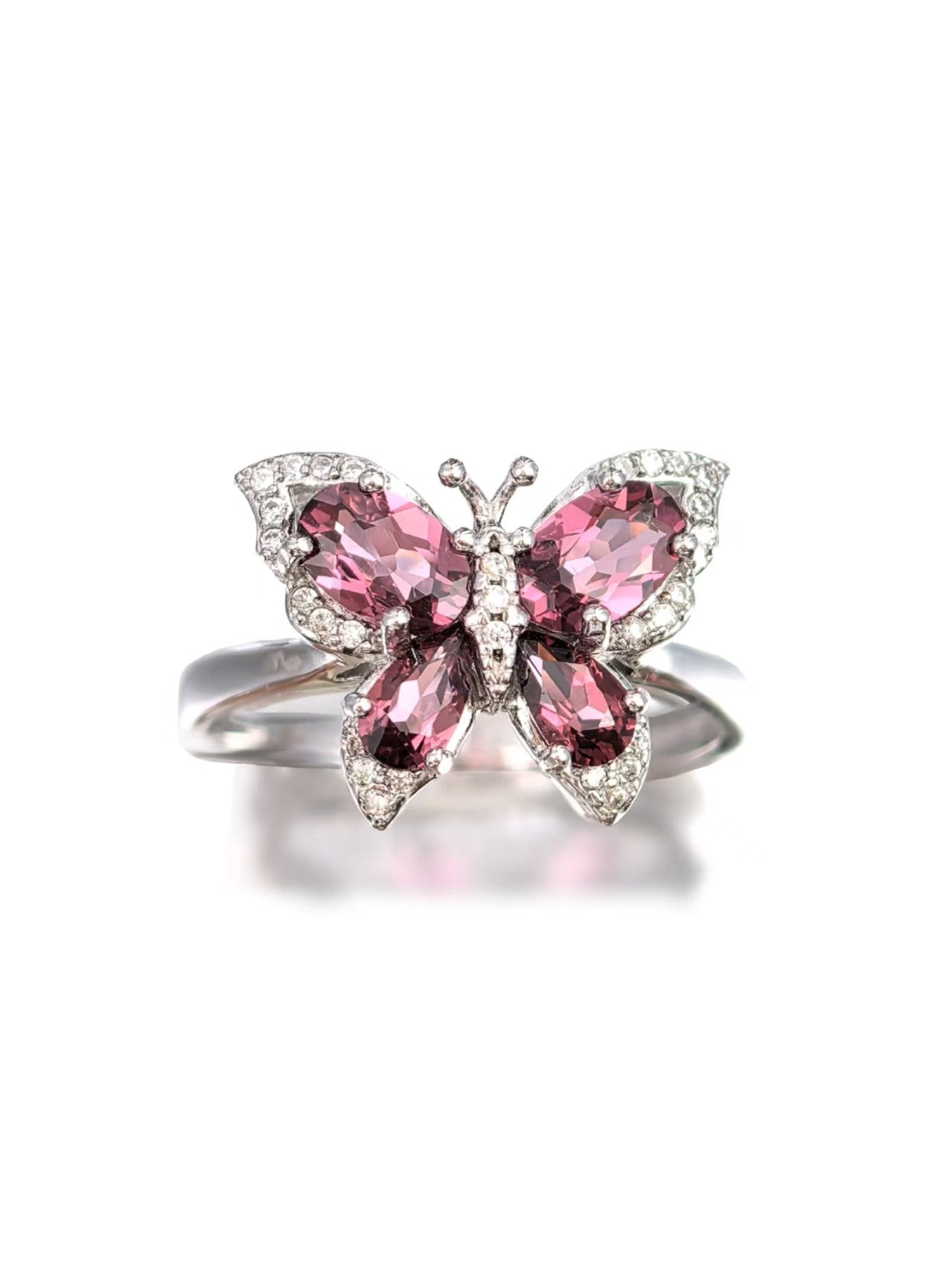 Wholesale Rhodium Plated 925 Sterling Silver Natural Pyrope Red Gemstone Butterfly Ring