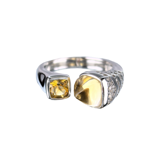 Wholesale Rhodium Plated 925 Sterling Silver Natural Citrine Yellow Gemstone Sugar-loaf Cut Cut Ring