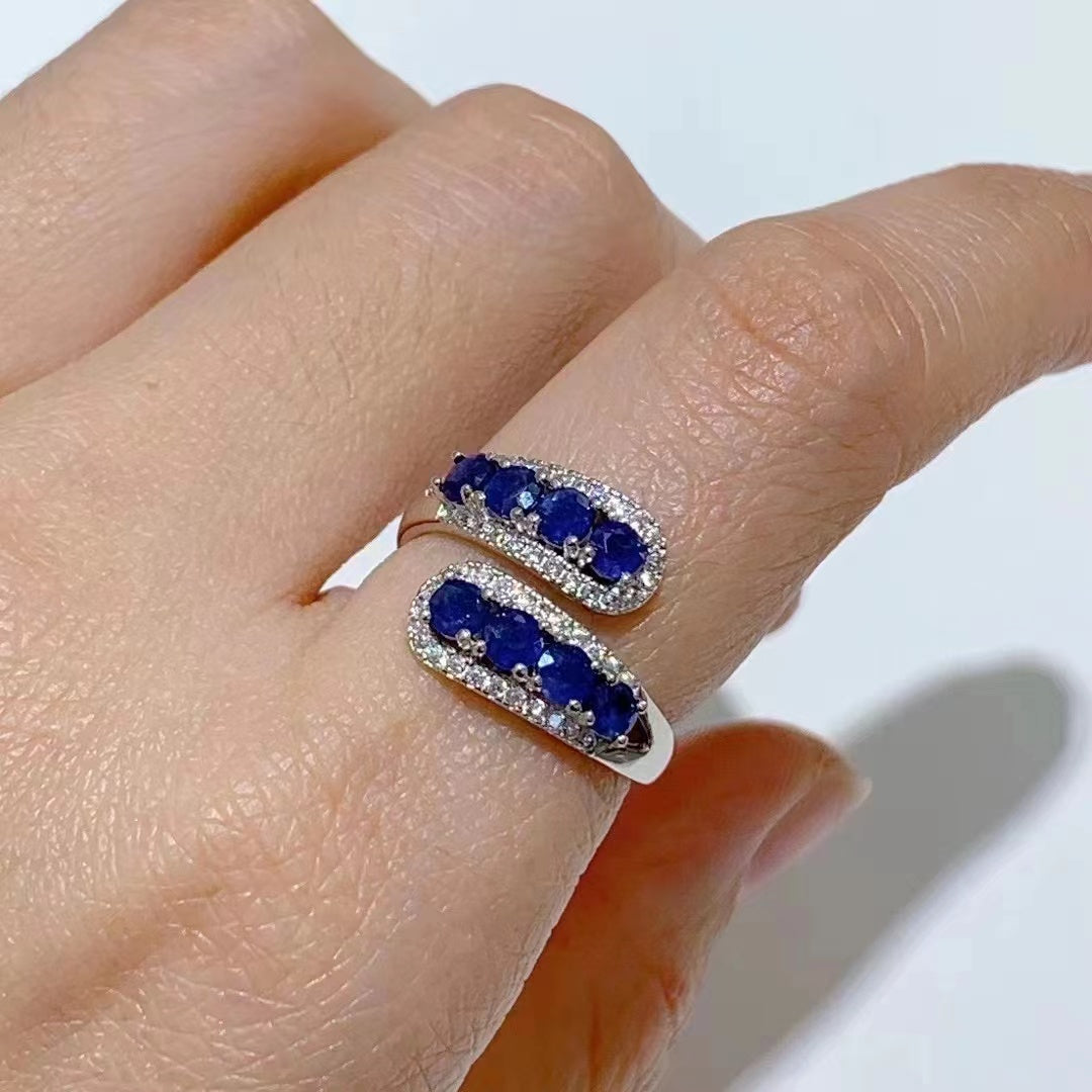 Wholesale Rhodium Plated 925 Sterling Silver Natural Sapphire Blue Gemstone Round Ring