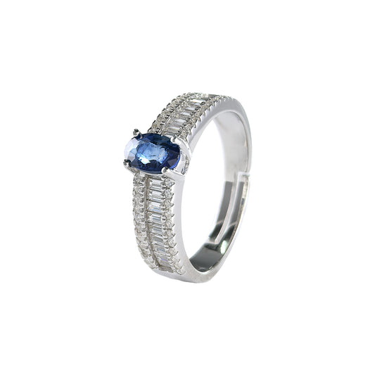 Wholesale Rhodium Plated 925 Sterling Silver Natural Sapphire Blue Gemstone Oval Cut Ring