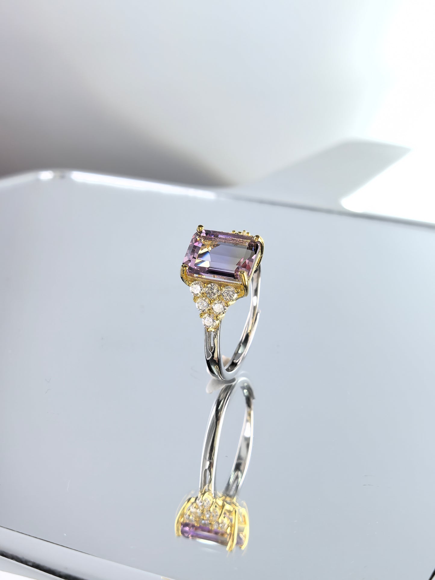 Wholesale Rhodium Plated 925 Sterling Silver Natural Ametrine Gemstone Emerald Cut Ring