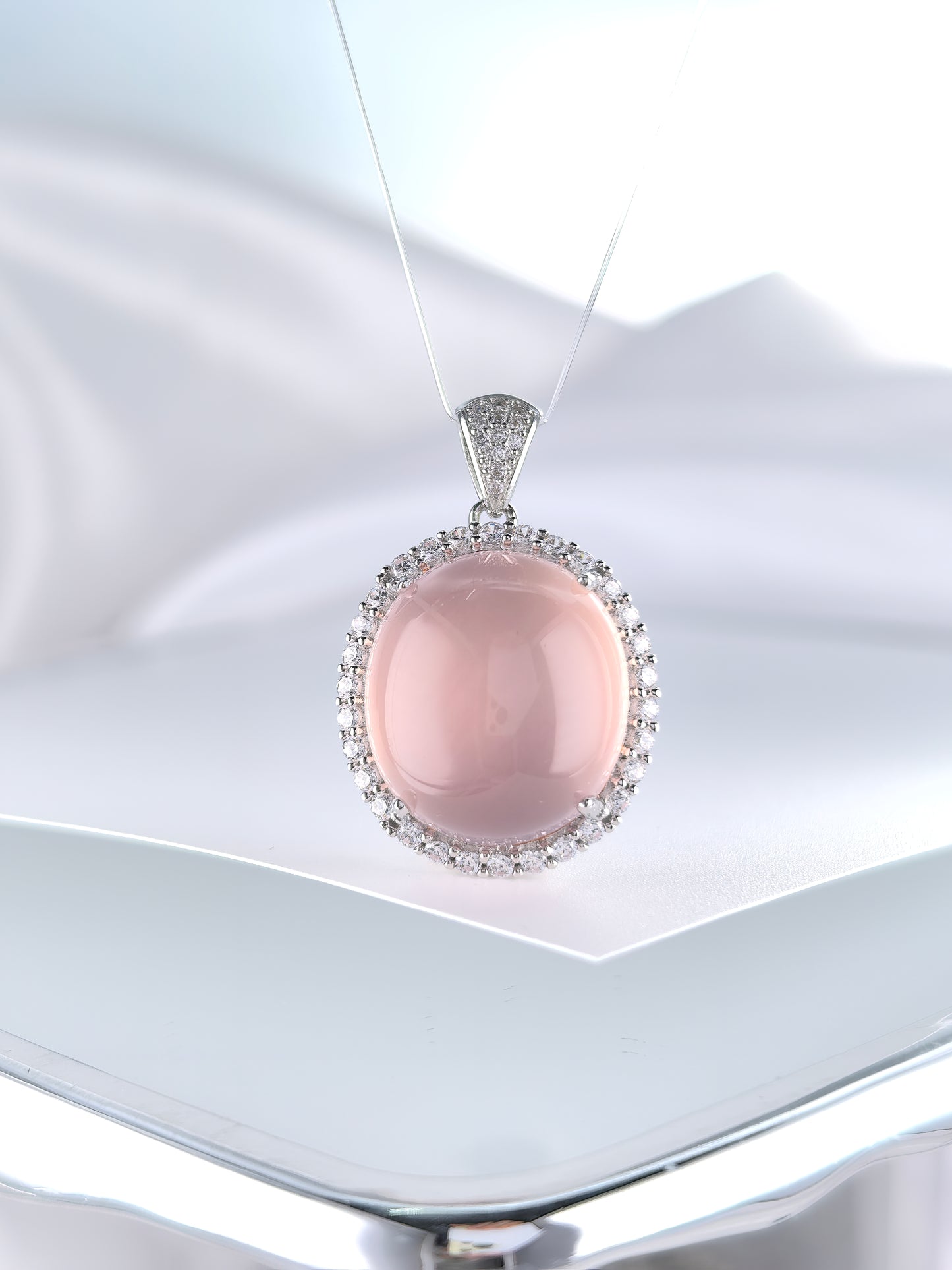 Wholesale Rhodium Plated 925 Sterling Silver Natural Rose Quartz Pink Gemstone Pendant