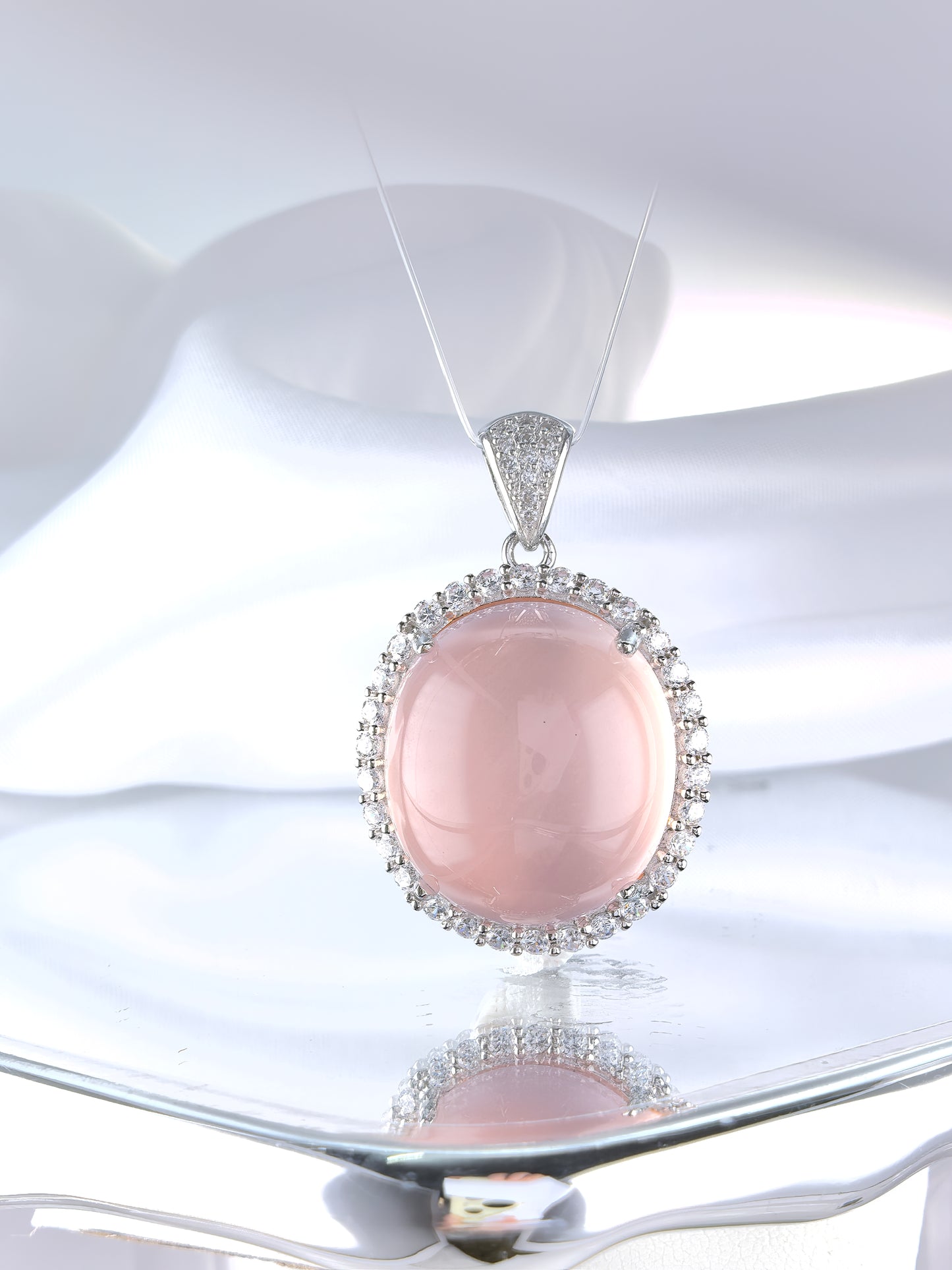 Wholesale Rhodium Plated 925 Sterling Silver Natural Rose Quartz Pink Gemstone Pendant