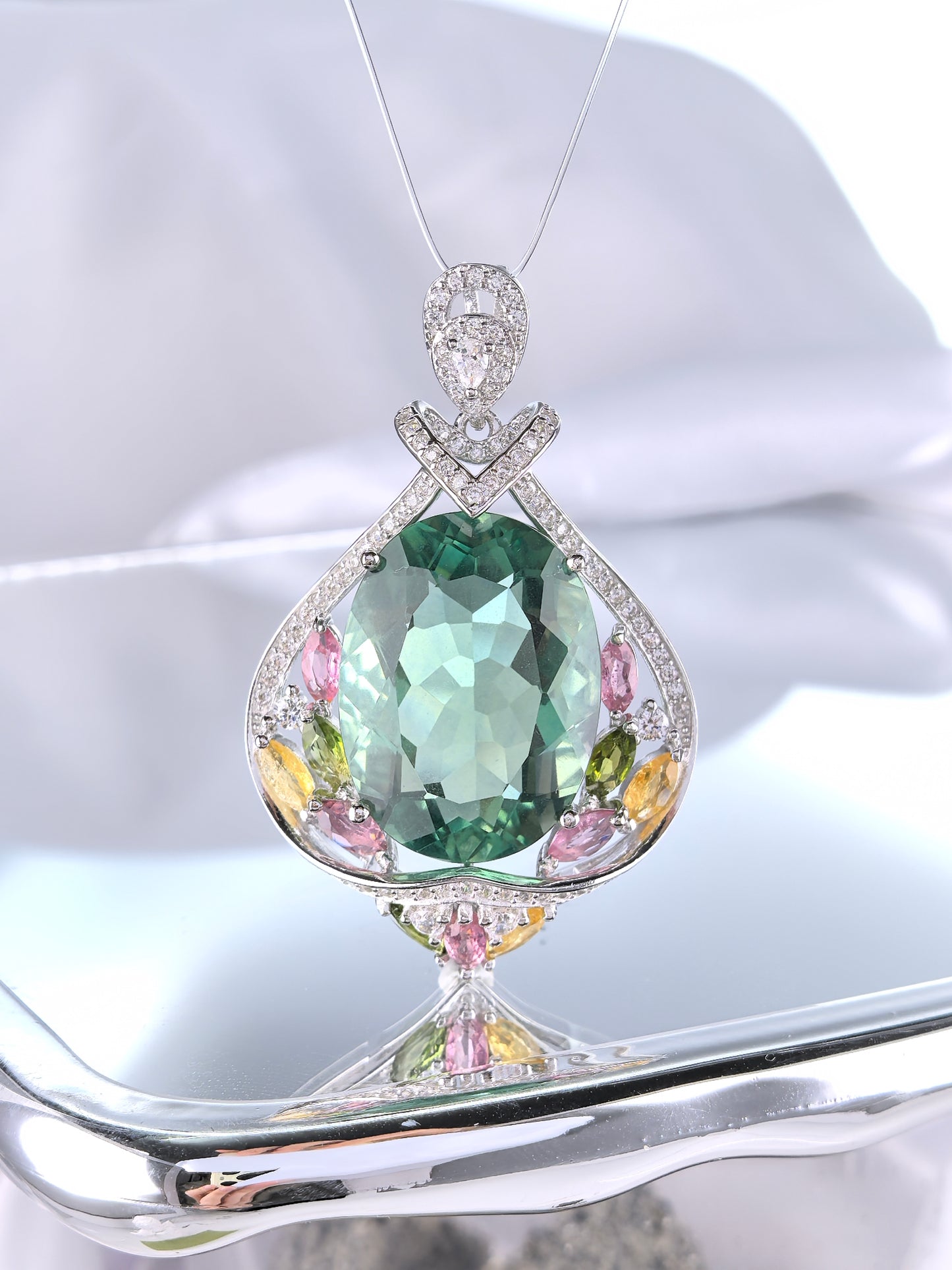 Wholesale Rhodium Plated 925 Sterling Silver Natural Fluorite Green Gemstone Pendant（without Chain）