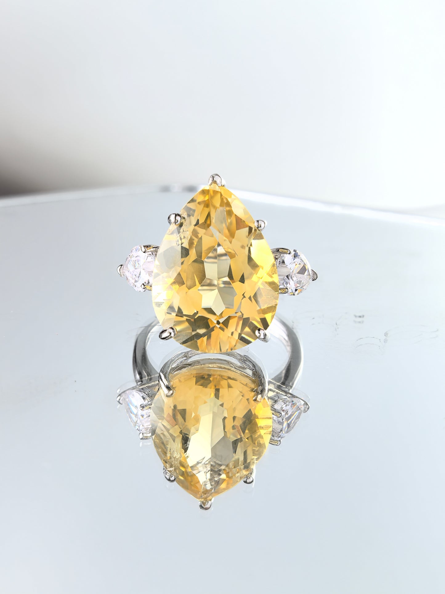 Wholesale Rhodium Plated 925 Sterling Silver Natural Citrine Yellow Gemstone Pear Cut Ring