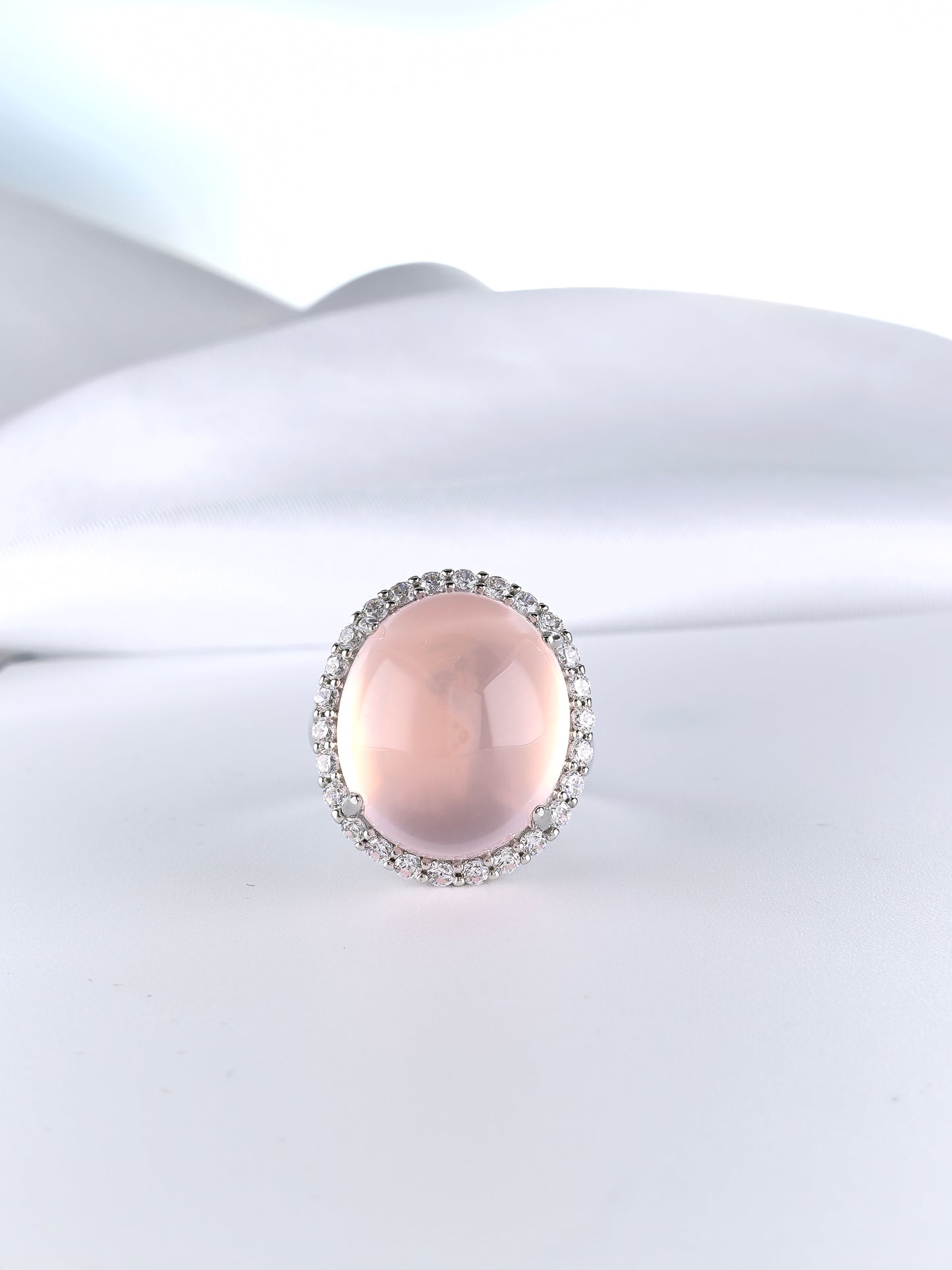 Wholesale Rhodium Plated 925 Sterling Silver Natural Rose Quartz Pink Gemstone Ring