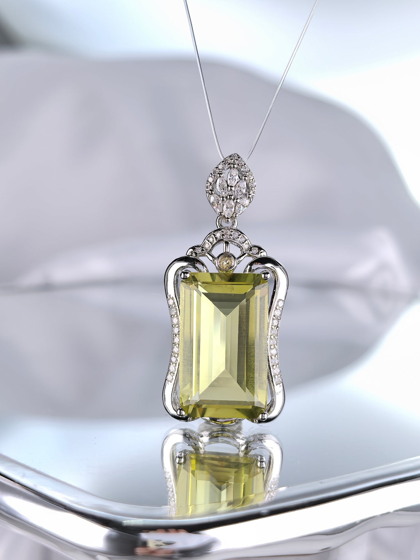 Wholesale Rhodium Plated 925 Sterling Silver Natural Lemon Quartz Green Gemstone Pendant（without Chain）