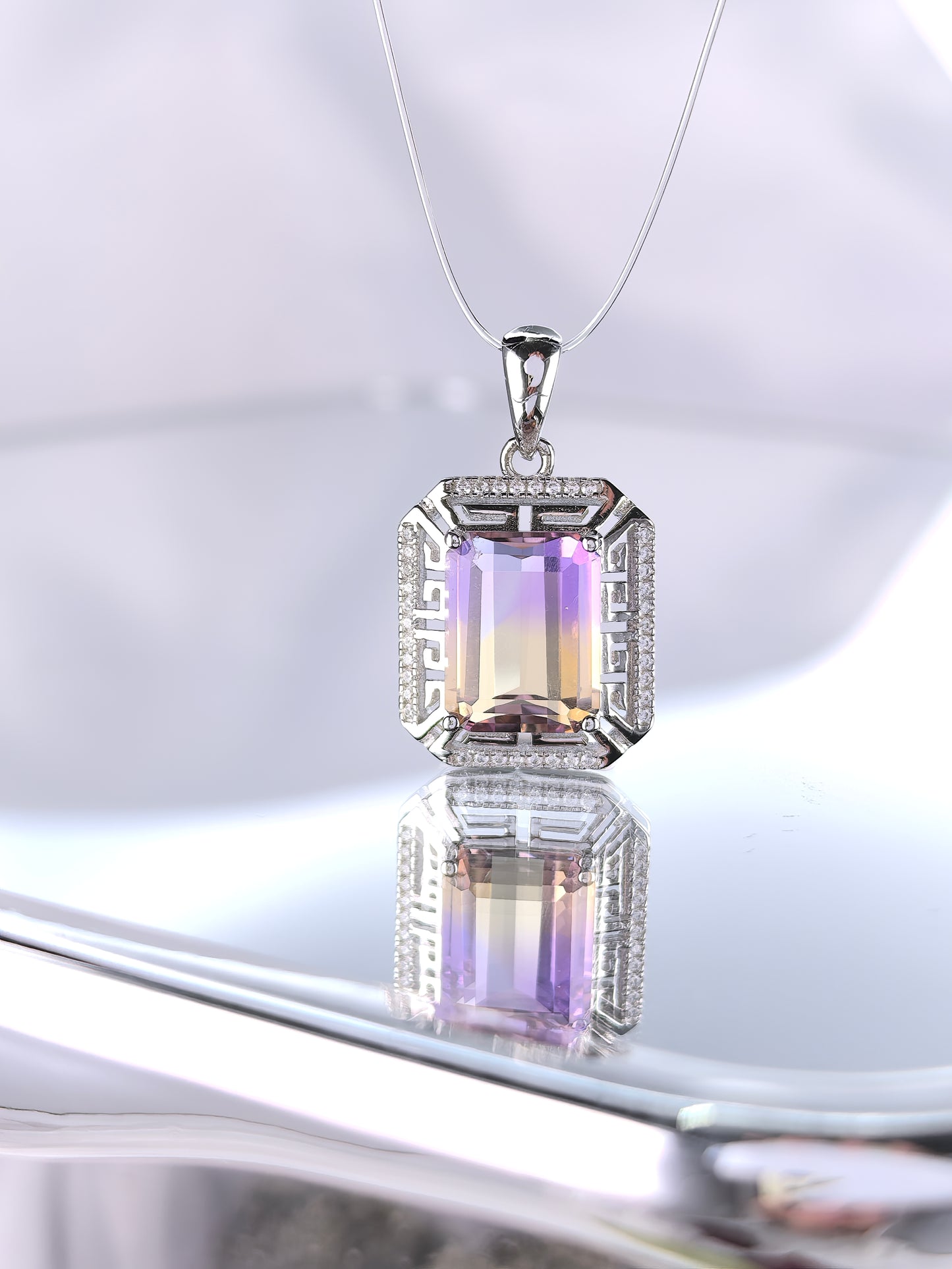 Wholesale Rhodium Plated 925 Sterling Silver Natural Ametrine Gemstone Emerald Cut Pendant(without Chain)